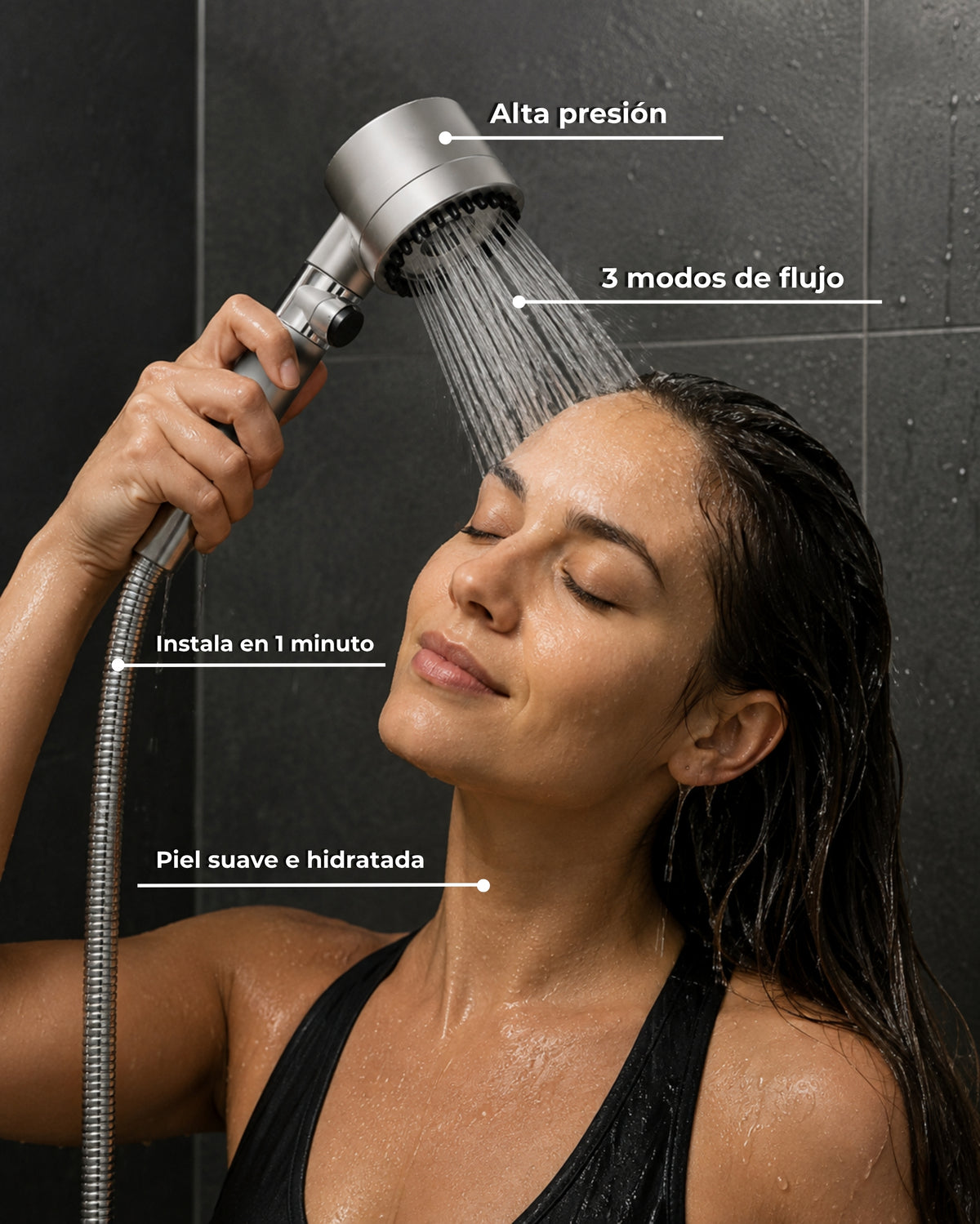 Ducha de Alta Presión con Filtro Purificador · 3 Modos de chorro