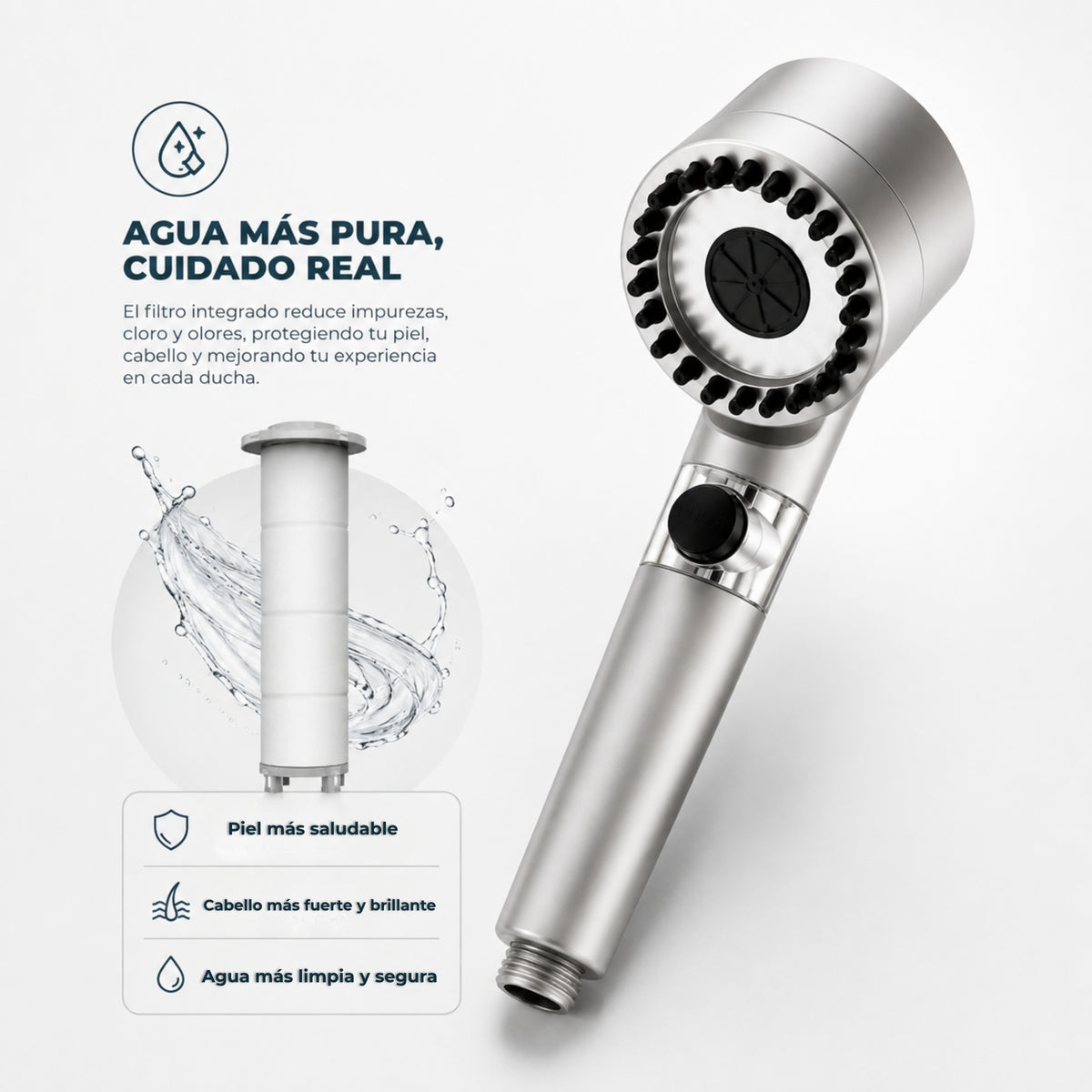 Ducha de Alta Presión con Filtro Purificador · 3 Modos de chorro